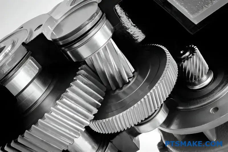 Detaljeret sammenligning af tandhjul og skrueformede tandhjul med synlige forskelle i tandmønsteret på værkstedsoverfladen