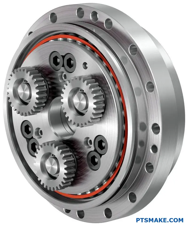 عرض تفصيلي لتروس الاختزال الدقيقة التي تعرض نسب التروس ومكونات ناقل الحركة الميكانيكي على سطح الورشة