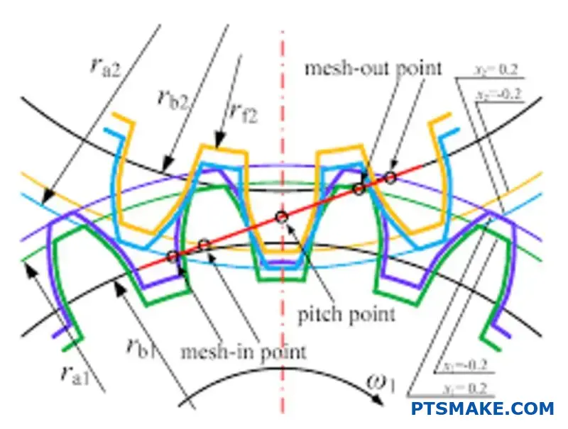 Two engaged helical gears demonstrating force components in spiral gear transmission design system