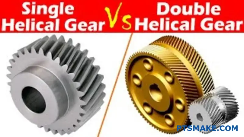 Comparison of single helical and double herringbone gear designs showing different tooth patterns and helical gear engineering