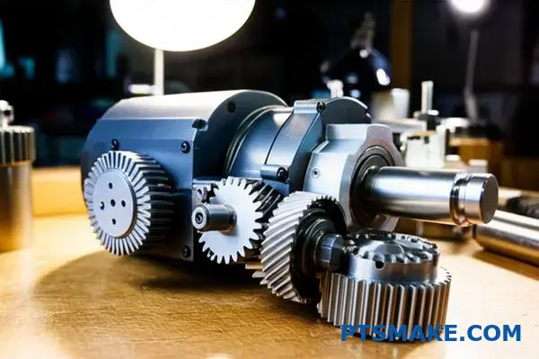 نظام تروس كامل يُظهر عمود مبيت المحرك والتروس الدقيقة على سطح العمل مما يوضح تصميم التجميع الميكانيكي