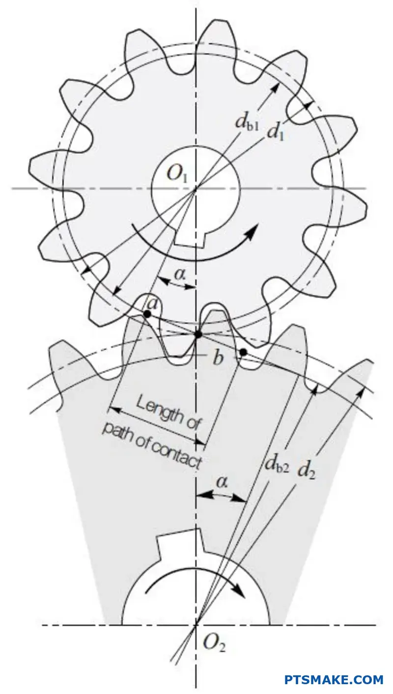 منظر عن قرب لترسين مخروطيين متشابكين مخروطيين يظهران أسنانًا متعددة متلامسة لنقل الطاقة بسلاسة
