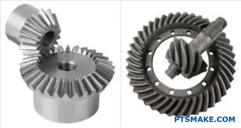 نوعان من التروس المخروطية يعرضان أنماط أسنان مختلفة لاختيار التروس وتطبيقات تصميم التروس المخروطية