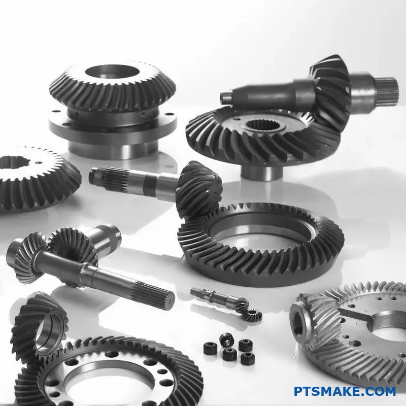 أنواع متعددة من التروس المخروطية الدقيقة التي تعرض تصاميم التروس المخروطية المخروطية والقصيرة على طاولة العمل الهندسية