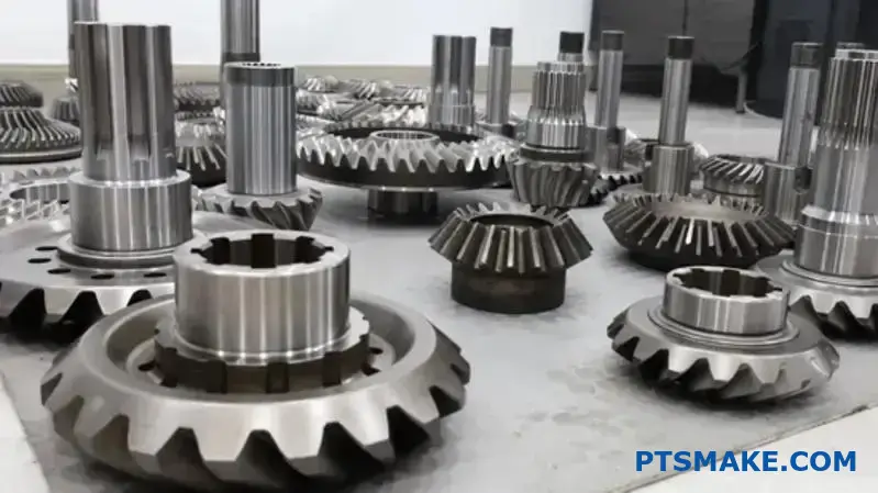 مجموعة تروس مخروطية دقيقة مع ترتيب محمل أسطواني مدبب على سطح طاولة العمل الصناعية