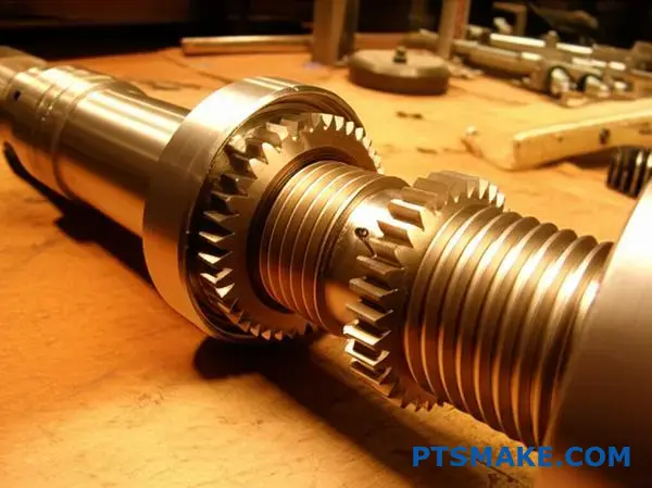 Snäckväxel av brons som griper in i snäckhjul av mässing visar konstruktionsprinciper för självlåsande mekanism