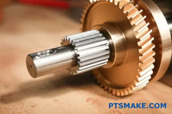 Snäckväxel i stål som griper in i bronshjul visar materialkontrasten i snäckdrivningens design