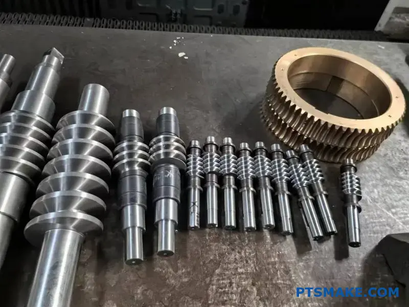 Snäckhjul av brons som griper in i snäckskruv av stål, vilket visar grundläggande mekanisk verkan och växelinteraktion vid snäckdrift