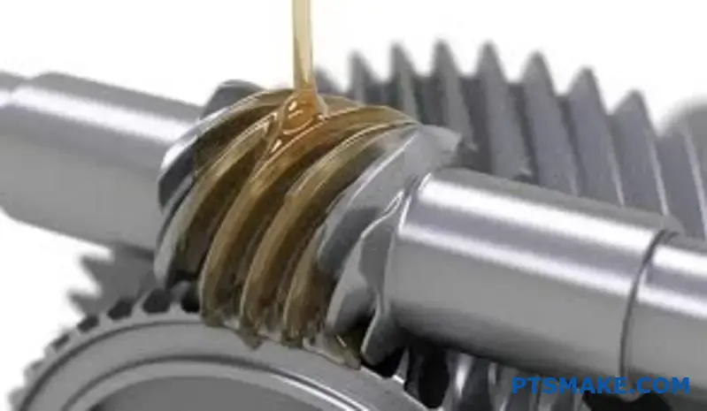 Snäckhjul i brons och snäckväxel i stål med smörjolja som visar grundläggande smörjprinciper för kugghjulsdrift