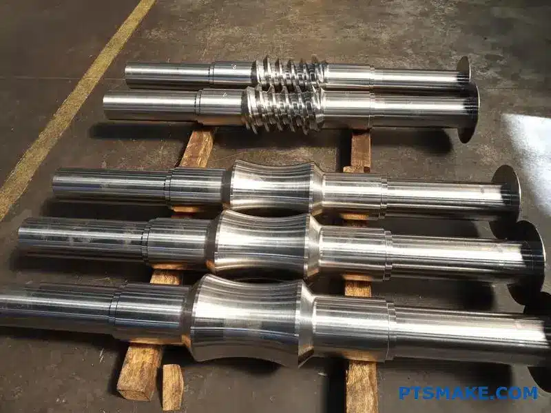 Två typer av snäckväxlar med cylindriska och globoida snäckhjul på bordet