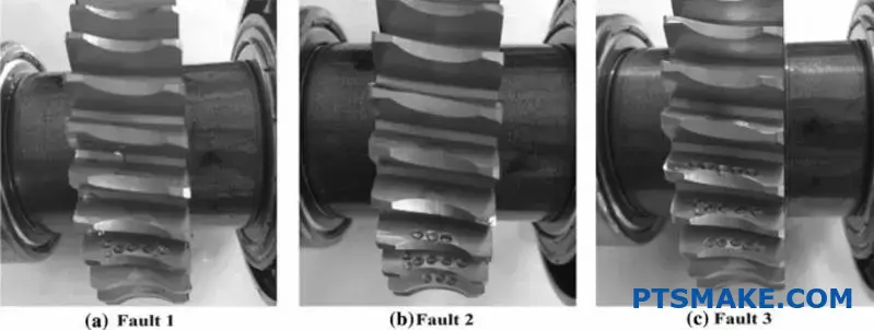 Snäckhjulskugghjul i brons som uppvisar vanliga felmönster, inklusive grop- och slitageskador på kuggarna