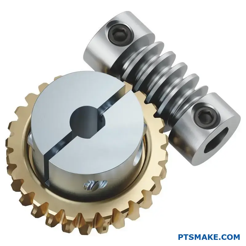 Detaljerad vy av snäck- och hjulväxelsystem som visar monteringsriktning och mekanisk inkoppling