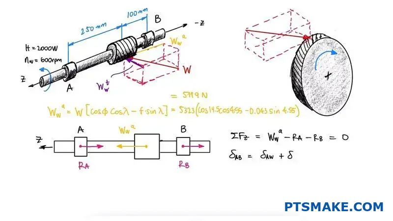 Snäckväxel i brons som griper in i stålhjul visar kraftberäkningspunkter för analys av snäckväxelns konstruktion
