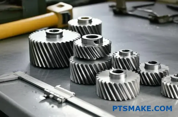 تروس معدنية متعددة الدقة تعرض أرقام أسنان وأقطار مختلفة على سطح الورشة