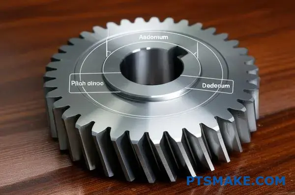 عجلة تروس معدنية تُظهر شكل الأسنان مع قياسات نصف قطرية مضافة وخصم من دائرة الملعب