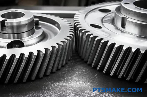 ترسان معدنيان يظهران فجوة رد الفعل العكسي بين أسنان التزاوج مما يوضح معلمات خلوص الترس والتباعد