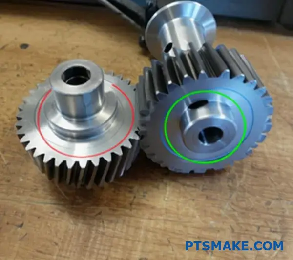 ترسان معدنيان متشابكان يظهران مفهوم دائرة الملعب ومعلمات تعشيق أسنان التروس