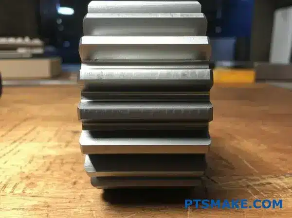 ترس محفز معدني يظهر أبعاد عرض الوجه ومعلمات الأسنان على سطح العمل الخشبي