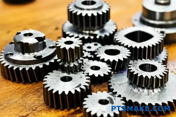 صورة مقربة لتروس معدنية دقيقة تُظهر ملامح الأسنان ومعلمات التروس على سطح طاولة العمل