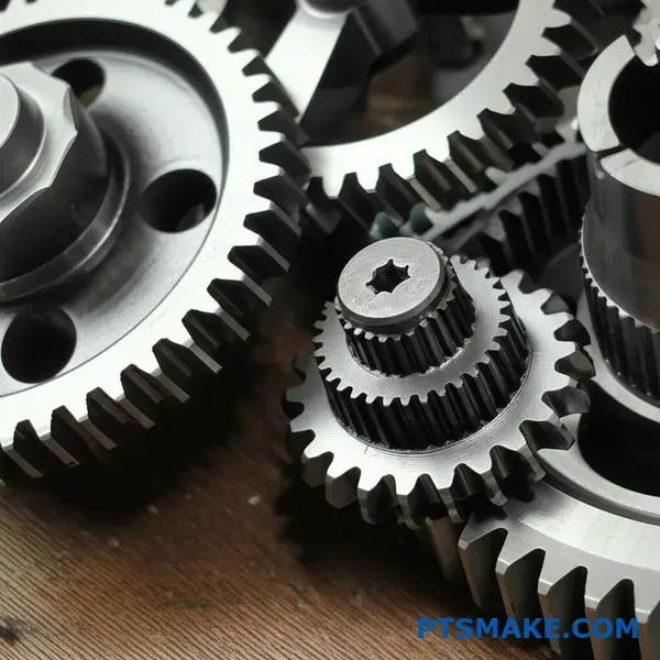 صورة مقرّبة لتروس معدنية دقيقة تُظهر اختلافات زاوية الأسنان ومعلمات تعشيق التروس على سطح الورشة