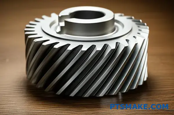 منظر عن قرب لترس حلزوني دقيق يُظهر نمط الأسنان الحلزونية وهندسة الزاوية الحلزونية على المكتب