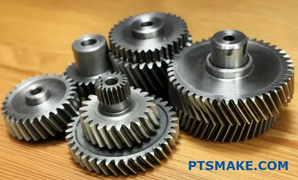 تروس معدنية متعددة متشابكة تظهر تعشيق الأسنان ونسبة التلامس على طاولة الورشة