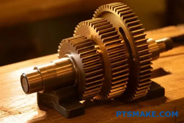 ترس دودي برونزي متشابك مع ترس عجلة نحاسي يظهر معلمات الخيوط الحلزونية وأسنان التروس