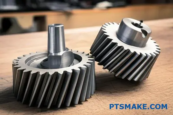 ترسان معدنيان معدنيان دقيقان يوضحان تأثيرات التحول الجانبي على تشبيك التروس وتعديل المسافة المركزية