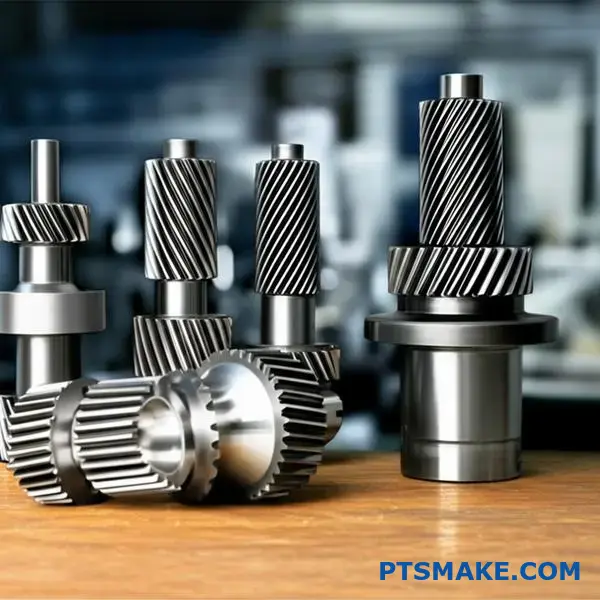 تروس معدنية دقيقة متنوعة تعرض معايير دقة مختلفة ومستويات جودة تصنيع مختلفة على طاولة الورشة