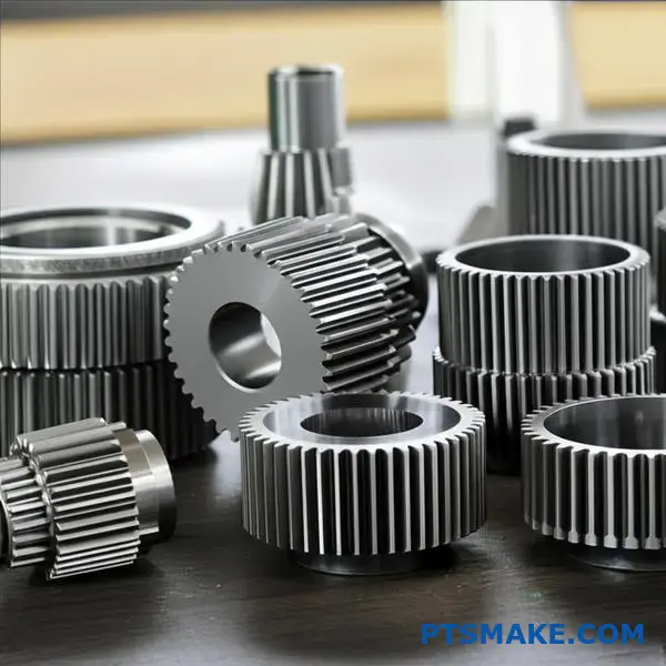 تروس دقيقة مختلفة ذات وحدات وتكوينات أسنان مختلفة معروضة على طاولة العمل لاختيار معلمات التروس