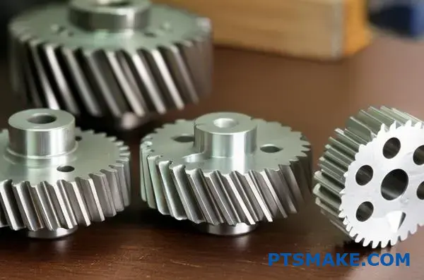 صورة مقرّبة لتروس معدنية دقيقة تُظهر اختلافات زاوية الأسنان ومواصفات التروس على طاولة العمل