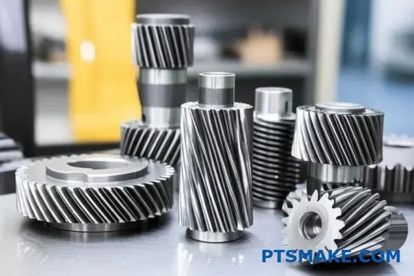 تروس متعددة مصممة هندسيًا بدقة عالية تعرض تكوينات أسنان مختلفة ونسب تلامس مختلفة لتحسين تقليل الضوضاء