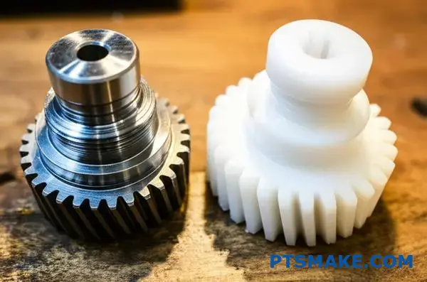 مقارنة بين التروس المصنوعة من الفولاذ والبلاستيك جنبًا إلى جنب مع التروس البلاستيكية التي تُظهر الاختلافات في المواد واختلافات تصميم الأسنان للتطبيقات الهندسية