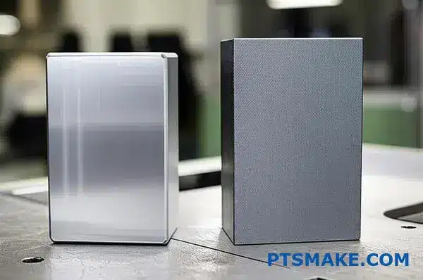 Two titanium metal samples showing difference between commercially pure and alloyed titanium grades for material comparison