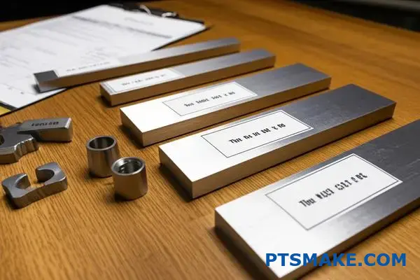 Various titanium grade samples with certification labels displaying material standards and quality control documentation for aerospace manufacturing