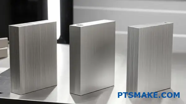 Three titanium alloy samples representing different families displayed on workshop surface for material selection comparison