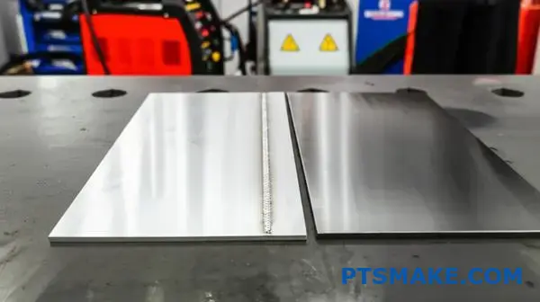 Two different titanium grade sheets with welded joint showing weldability comparison on industrial workbench