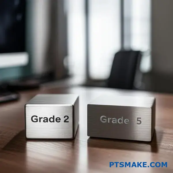 Two different titanium alloy samples showing material grade comparison for cost-benefit analysis evaluation