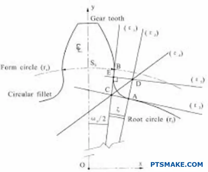 صورة مقرّبة لقاعدة سن الترس تُظهر تصميم نصف قطر الشريحة المنحنية لتوزيع الضغط وتحسين بارامتر الترس
