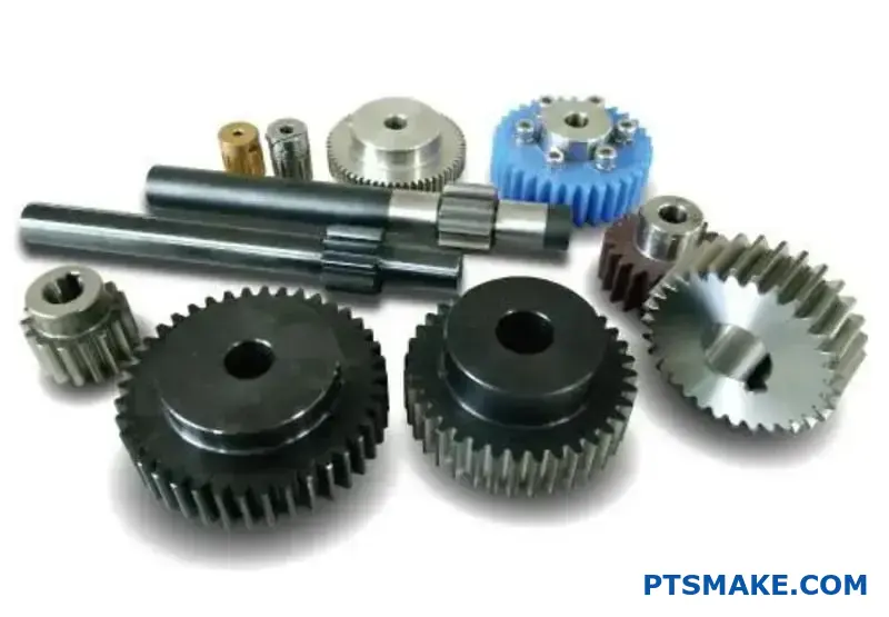 ثلاثة أنواع متميزة من التروس تُظهر الاختلافات الهندسية للتروس الحلزونية والمخروطية وأنماط الأسنان