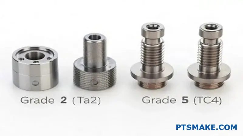 Two different titanium grade specimens displaying strength versus ductility material properties trade-off comparison