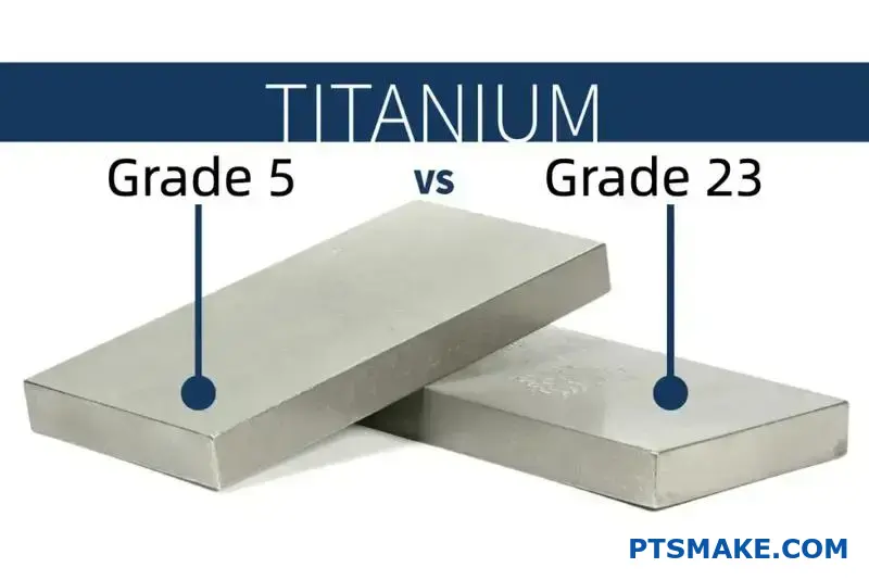 Two different titanium metal bars showing grade comparison between standard and extra-low interstitial versions