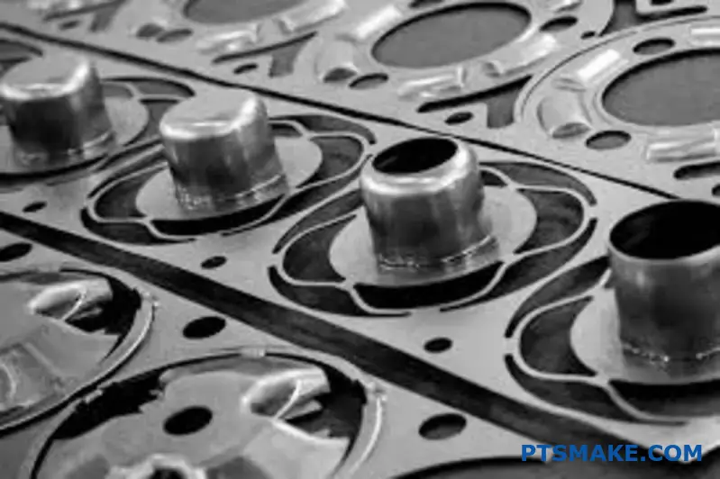 Metallic deep-drawn titanium component showing excellent formability and complex curved structure for industrial manufacturing applications