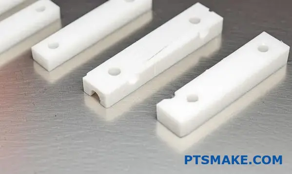 مكونات بيضاء مشكّلة آليًا من نظرة خاطفة بيضاء تظهر عليها عيوب تصنيع مختلفة ومشكلات في جودة السطح على طاولة العمل