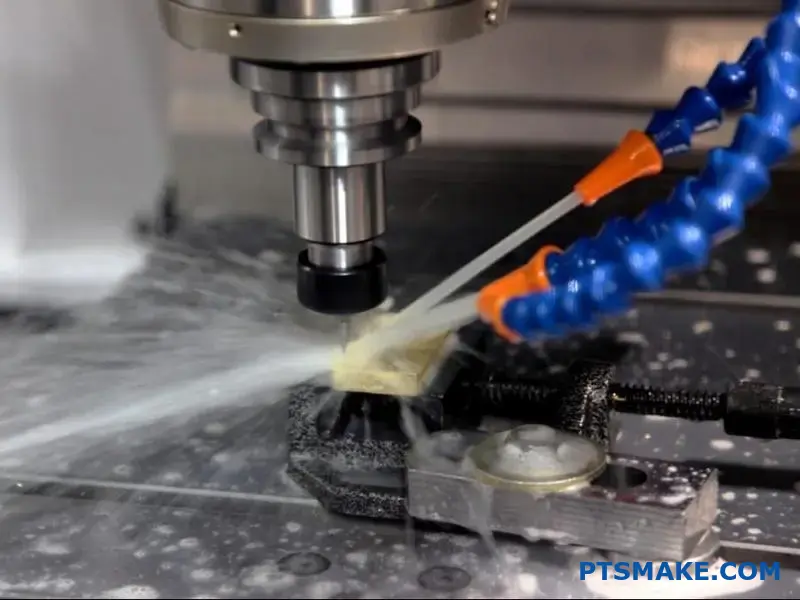 CNC Machine Cutting Metal with Coolant Spray
