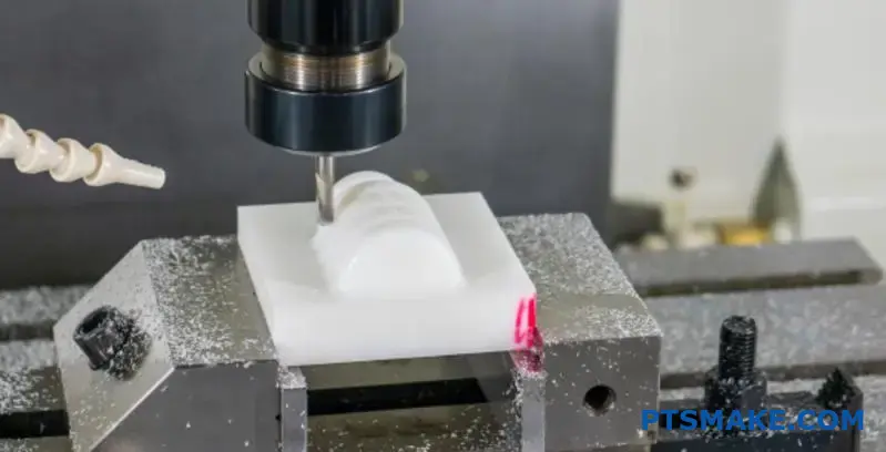 ماكينة CNC تقطع البوليمر الأبيض PEEK باستخدام الحاسب الآلي تُظهر تشكيل البُرادة المستمر أثناء عملية التصنيع الآلي الدقيق