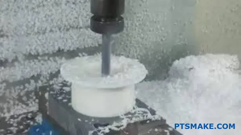 ماكينة تفريز بنظام التحكم الرقمي (CNC) تقوم بعملية تصنيع آلي دقيقة لمادة PEEK على مكون قوس بلاستيكي بني اللون