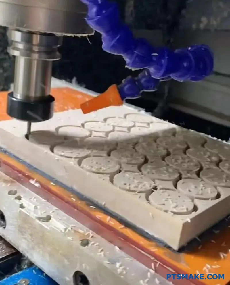 ماكينة تفريز احترافية بنظام التحكم الرقمي باستخدام الحاسب الآلي (CNC) تقوم بتصنيع مكونات PEEK البيضاء بدقة مع نظام سائل التبريد النشط في منشأة تصنيع حديثة