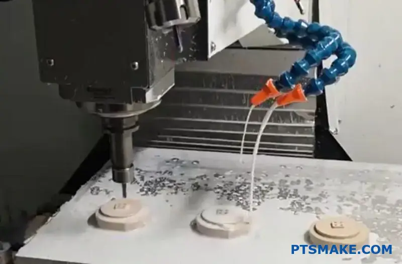 ماكينة تفريز صناعية باستخدام الحاسب الآلي (CNC) تقوم بتصنيع المكونات الأسطوانية البوليمرية البيضاء من البوليمر PEEK بدقة في ورشة التصنيع