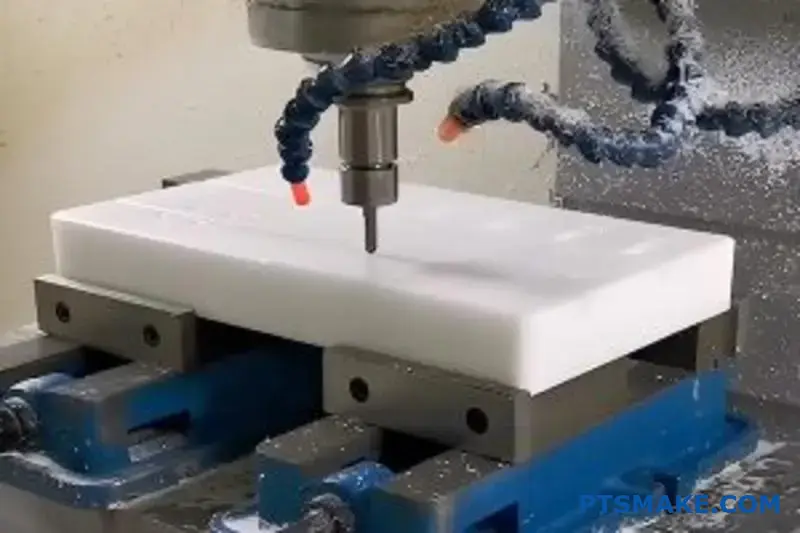 تفريز دقيق باستخدام الحاسب الآلي لجزء بوليمر PEEK الأبيض باستخدام الحاسب الآلي يُظهر حوافًا نظيفة مشغولة آليًا بدون نتوءات